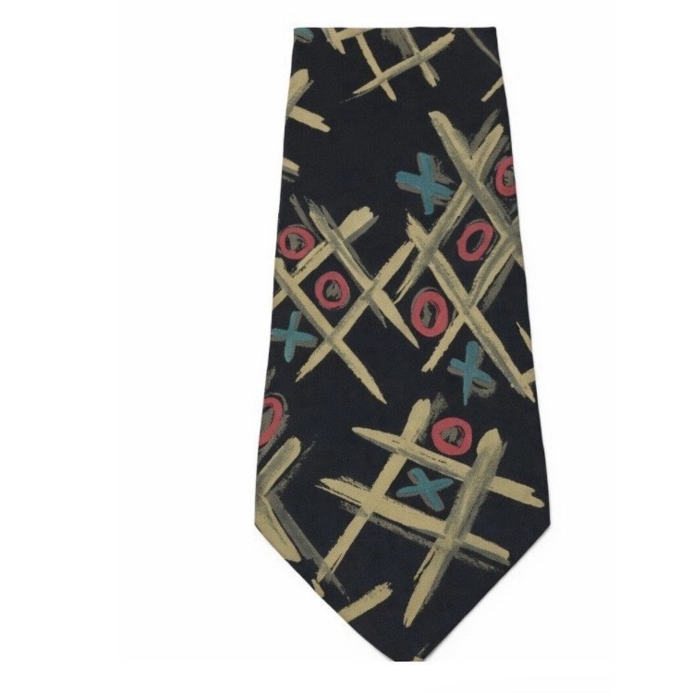 VTG Lands End Tic Tac Toe Silk Tie Black Gold Teal 80s 90s Retro Novelty 3.75"